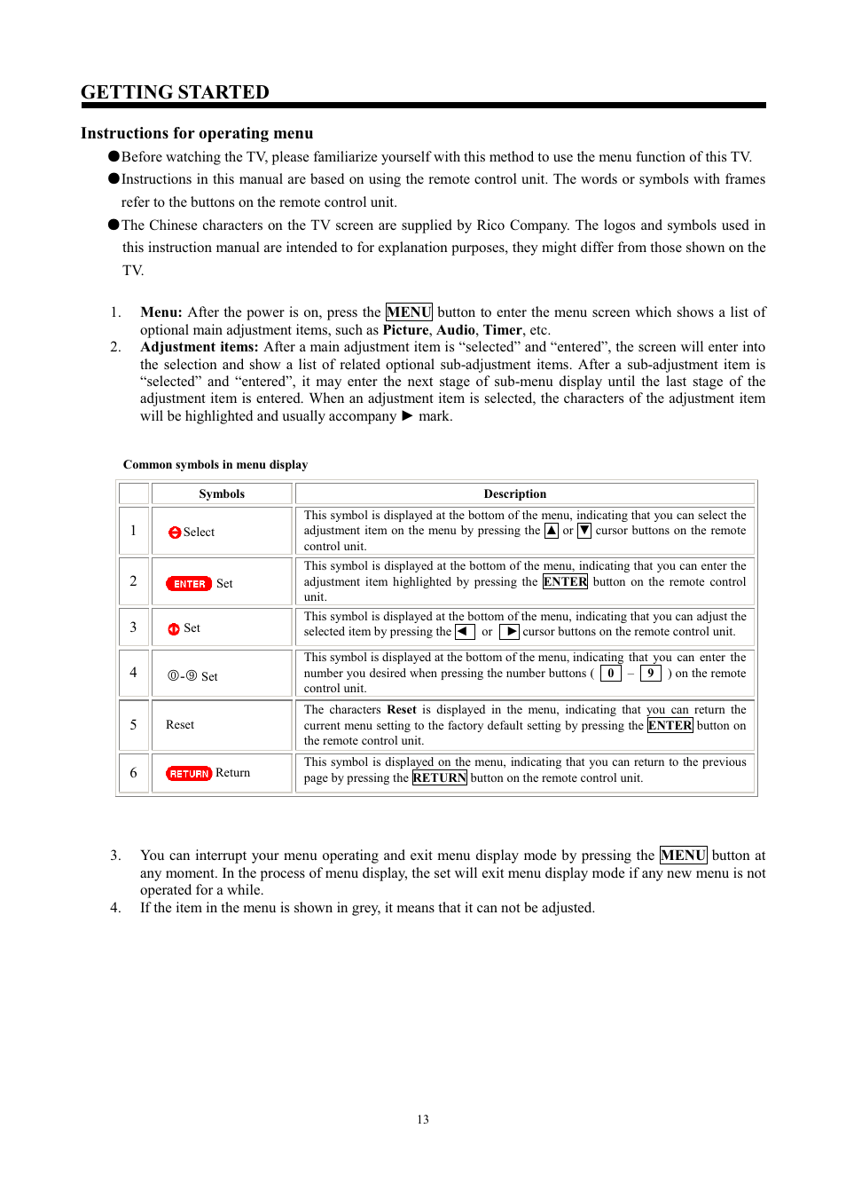 Getting started, Instructions for operating menu | Hitachi C43-FD7000 User Manual | Page 13 / 56