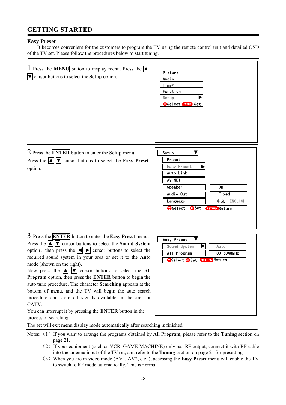 Getting started, Easy preset | Hitachi C43-FD7000 User Manual | Page 15 / 56