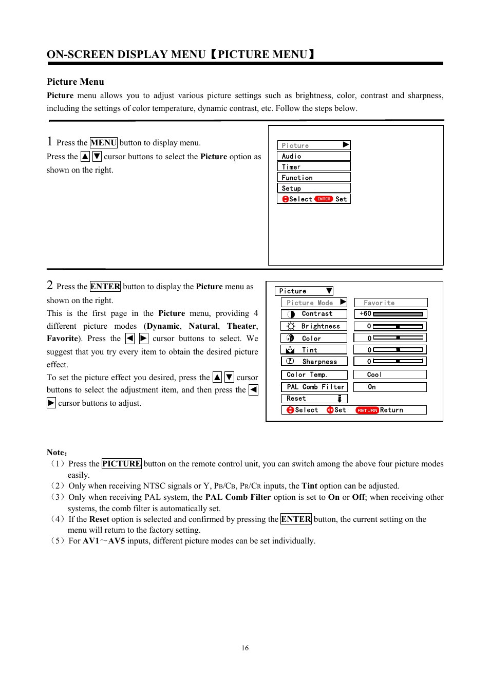 On-screen display menu ǐ picture menu ǐ, Picture menu | Hitachi C43-FD7000 User Manual | Page 16 / 56