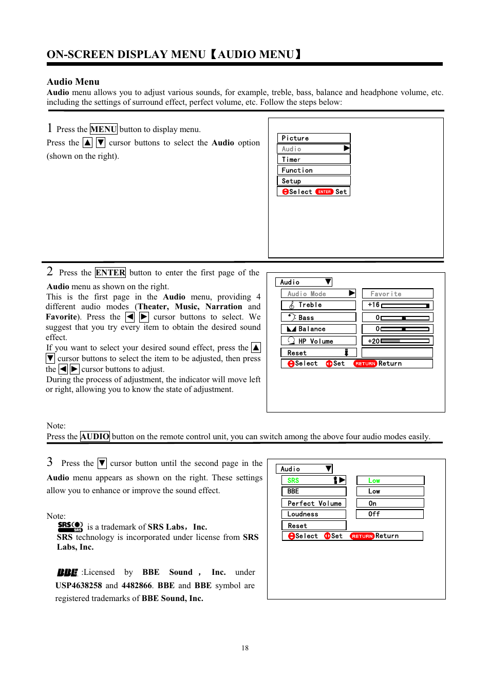 On-screen display menu ǐ audio menu ǐ, Audio menu | Hitachi C43-FD7000 User Manual | Page 18 / 56