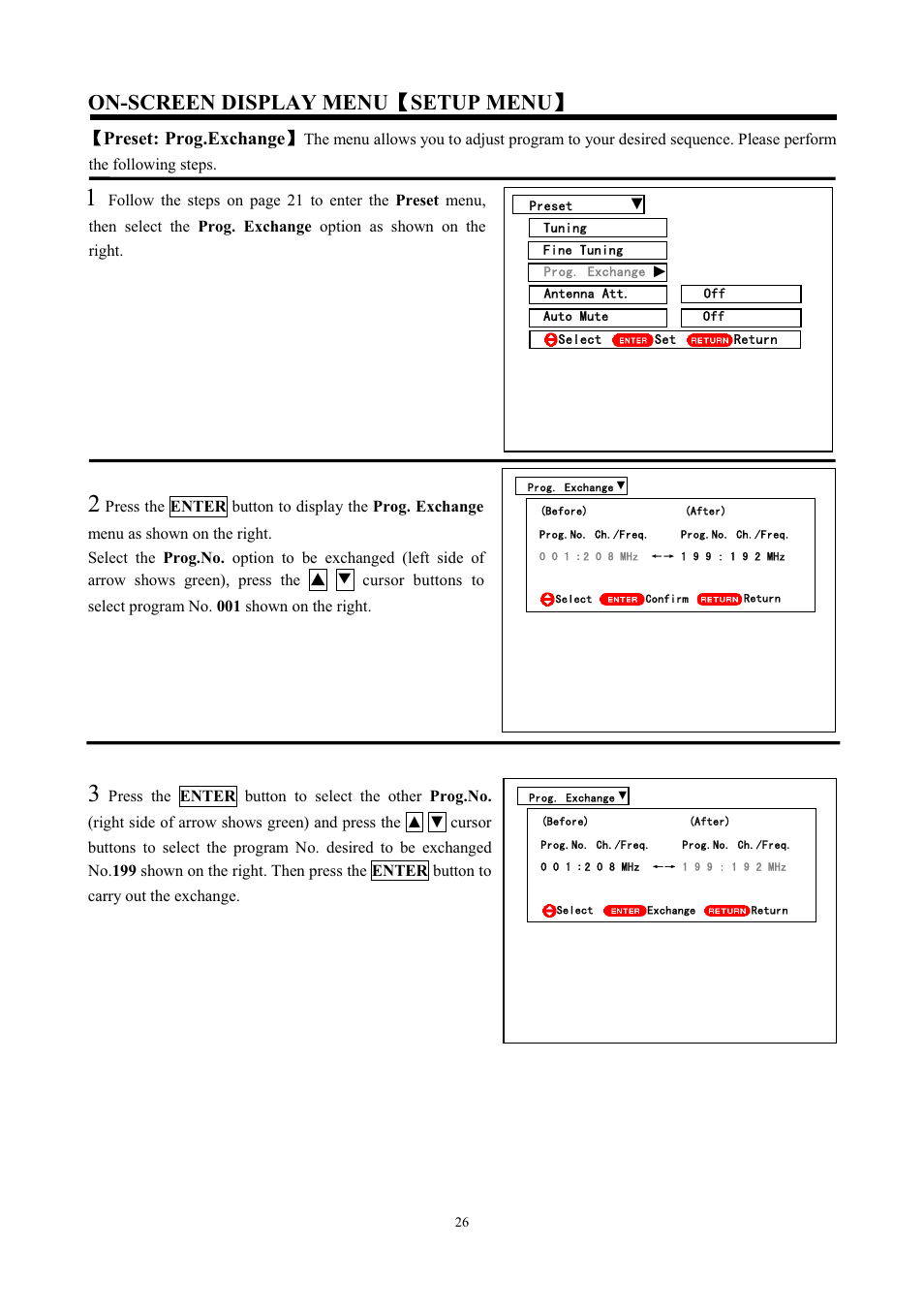 On-screen display menu ǐ setup menu ǐ, Ǐ preset: prog.exchange ǐ | Hitachi C43-FD7000 User Manual | Page 26 / 56