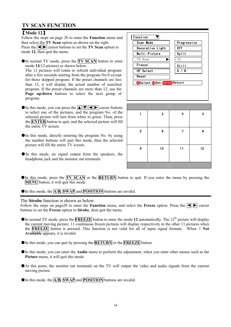 Tv scan function, Ǐ mode 12 ǐ, The strobe function is shown as below | Hitachi C43-FD7000 User Manual | Page 34 / 56