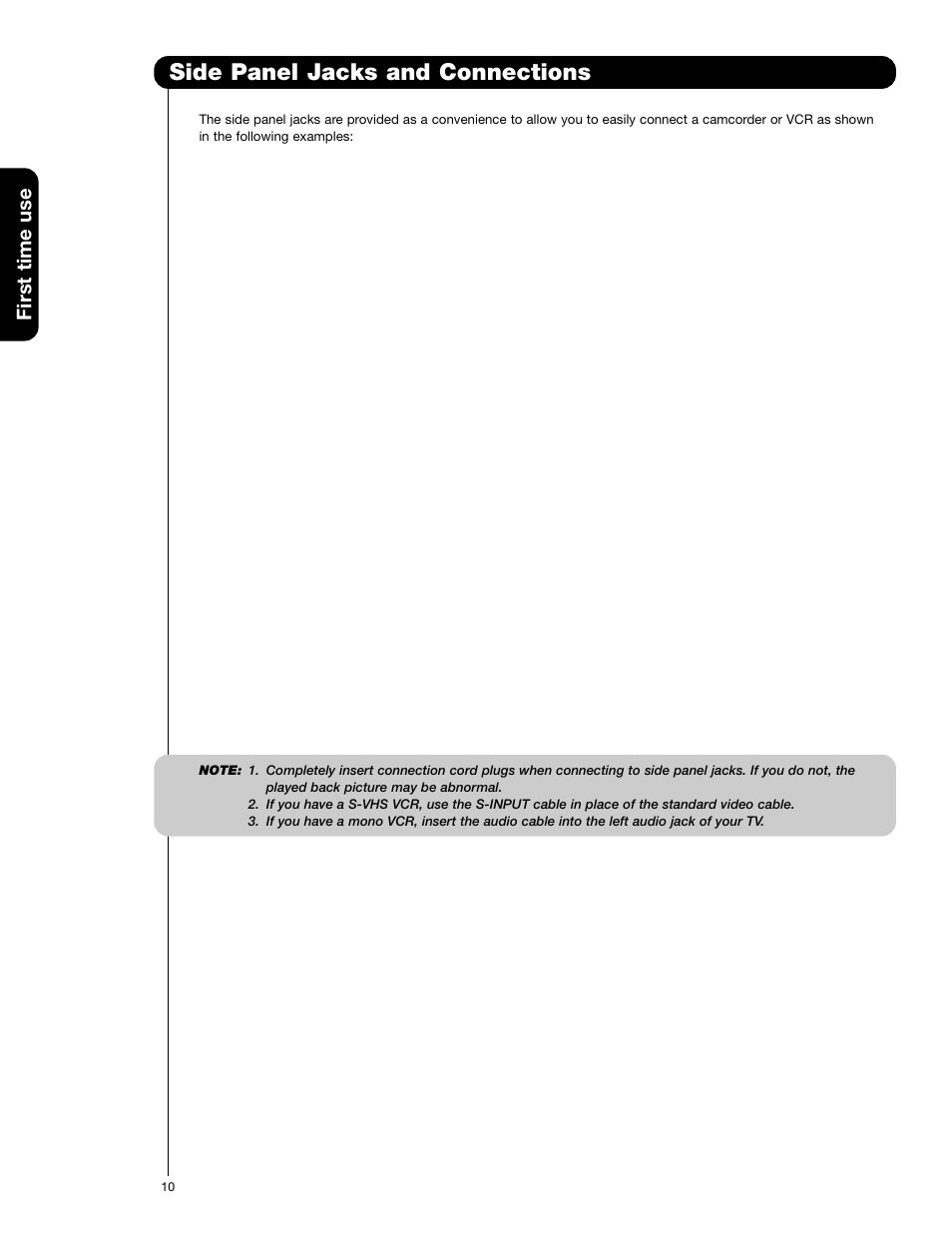 Side panel jacks and connections, First time use | Hitachi 60VG825 User Manual | Page 10 / 64