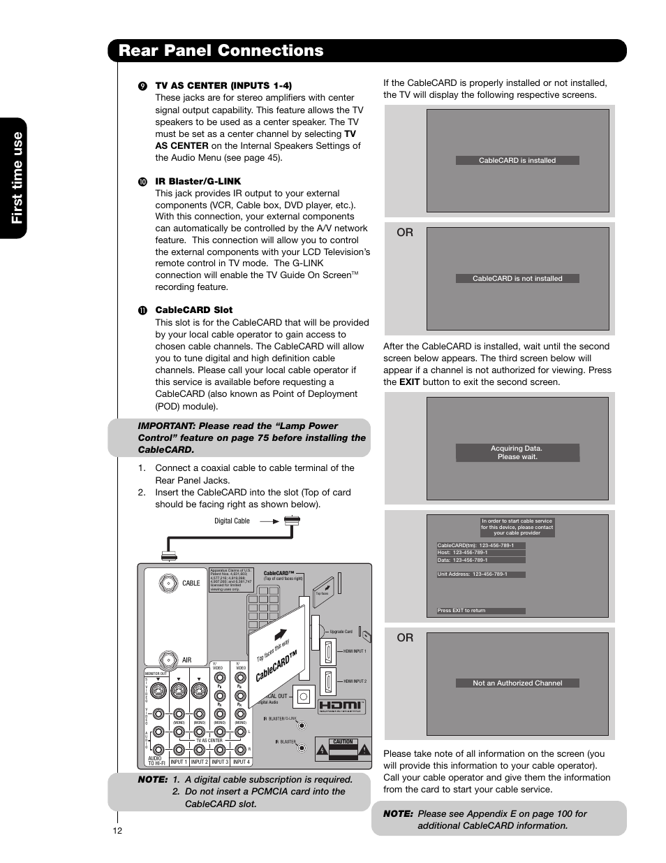 Rear panel connections, First time use, Cablecard | Hitachi 60VG825 User Manual | Page 12 / 64