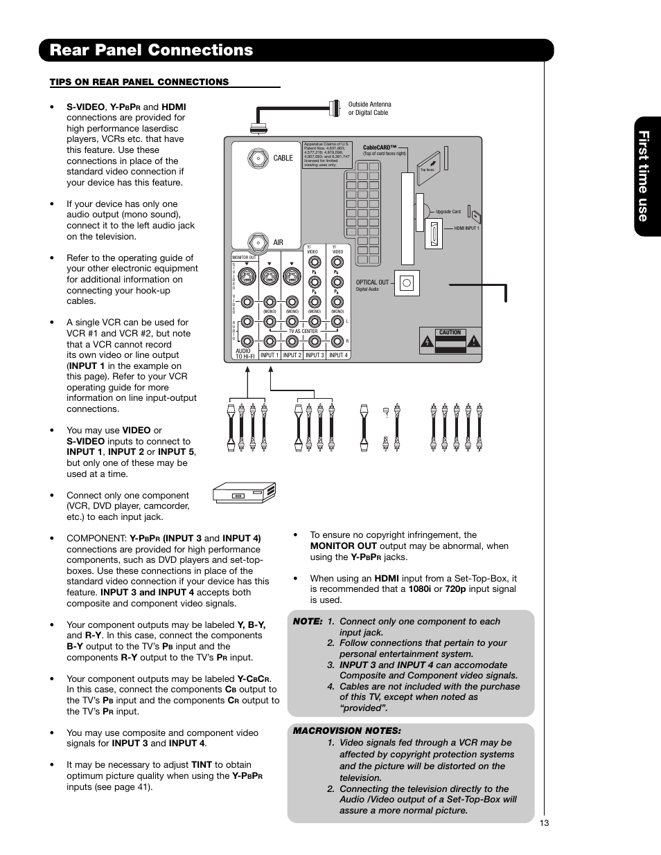 Rear panel connections, First time use | Hitachi 60VG825 User Manual | Page 13 / 64