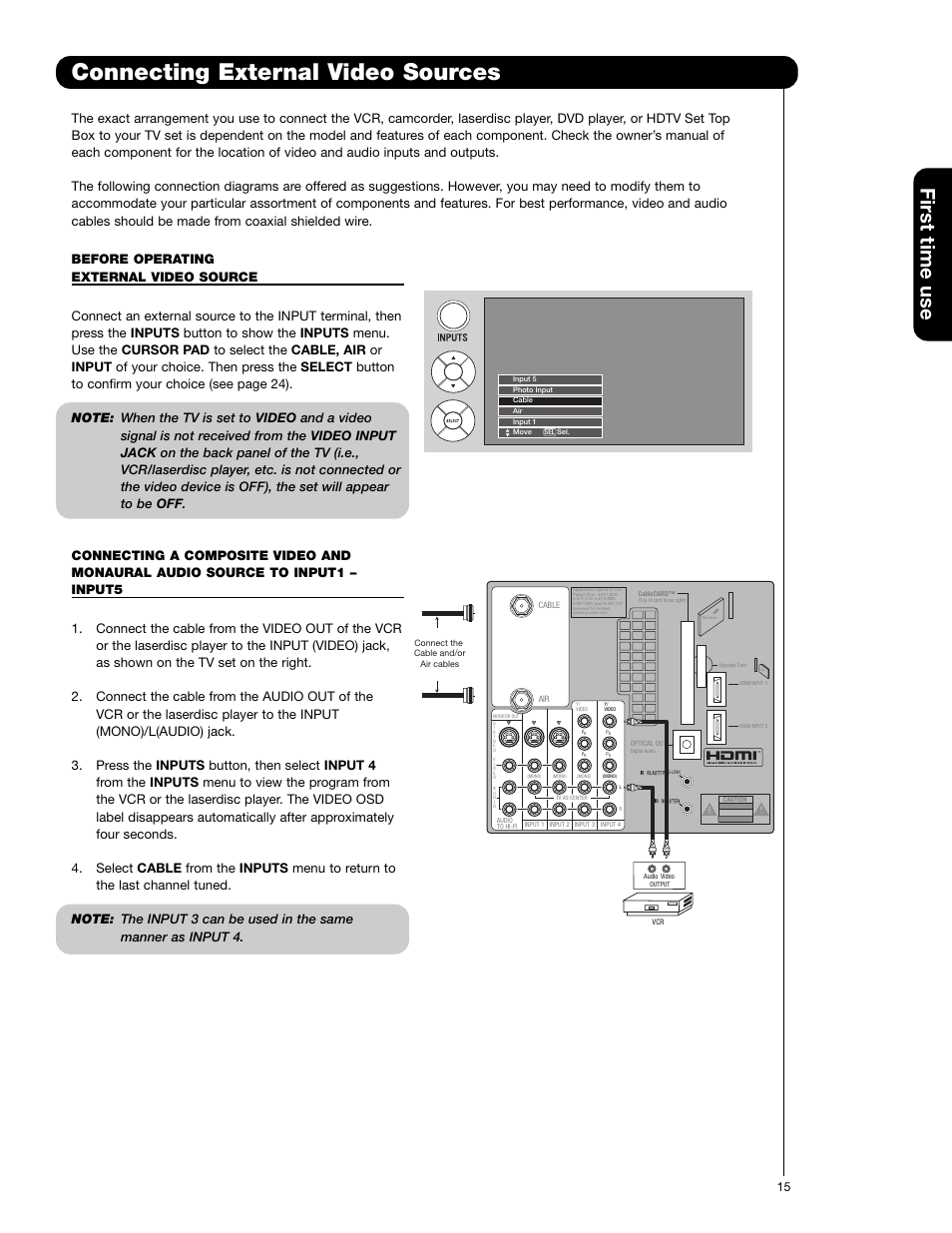 Connecting external video sources, First time use | Hitachi 60VG825 User Manual | Page 15 / 64