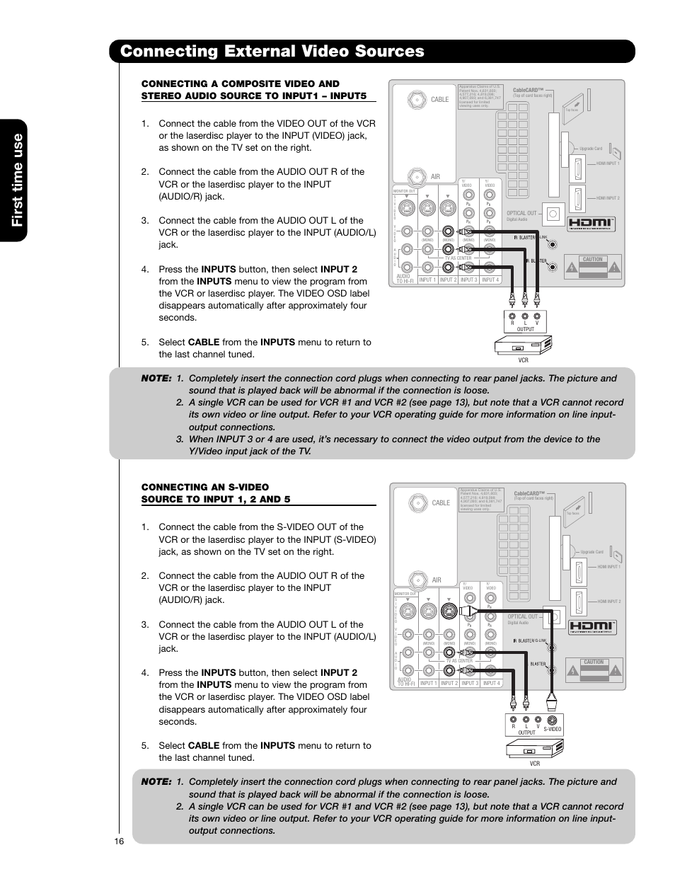 Connecting external video sources, First time use | Hitachi 60VG825 User Manual | Page 16 / 64