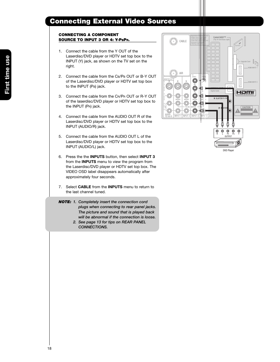 Connecting external video sources, First time use, Connecting a component source to input 3 or 4: y-p | Jack. 3. connect the cable from the c | Hitachi 60VG825 User Manual | Page 18 / 64