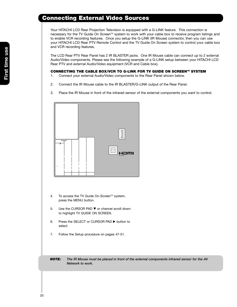 Connecting external video sources, First time use | Hitachi 60VG825 User Manual | Page 20 / 64