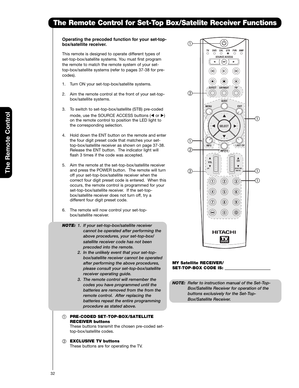 The remote contr o l | Hitachi 60VG825 User Manual | Page 32 / 64