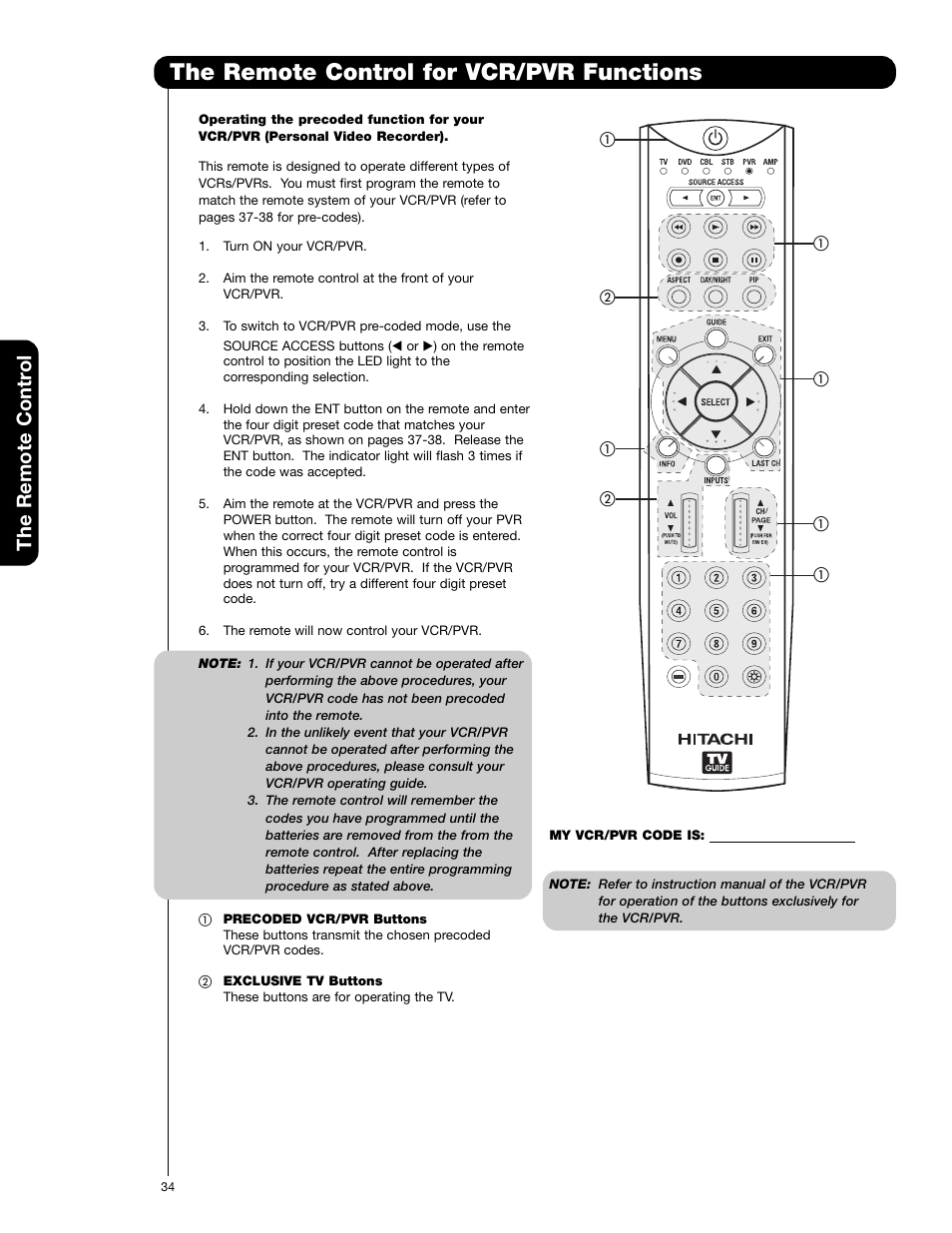 The remote control for vcr/pvr functions, The remote contr o l | Hitachi 60VG825 User Manual | Page 34 / 64