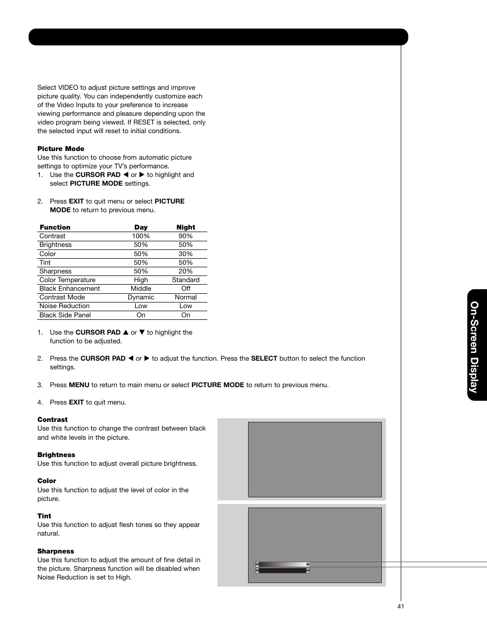 On-scr een display | Hitachi 60VG825 User Manual | Page 41 / 64