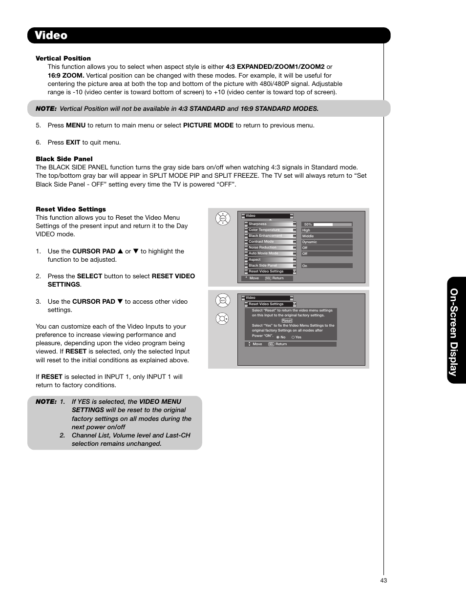 Video, On-scr een display | Hitachi 60VG825 User Manual | Page 43 / 64