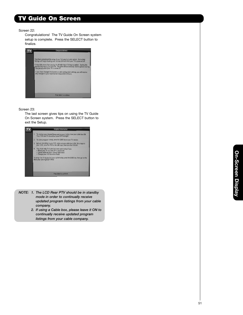 Tv guide on screen, On-scr een display | Hitachi 60VG825 User Manual | Page 51 / 64