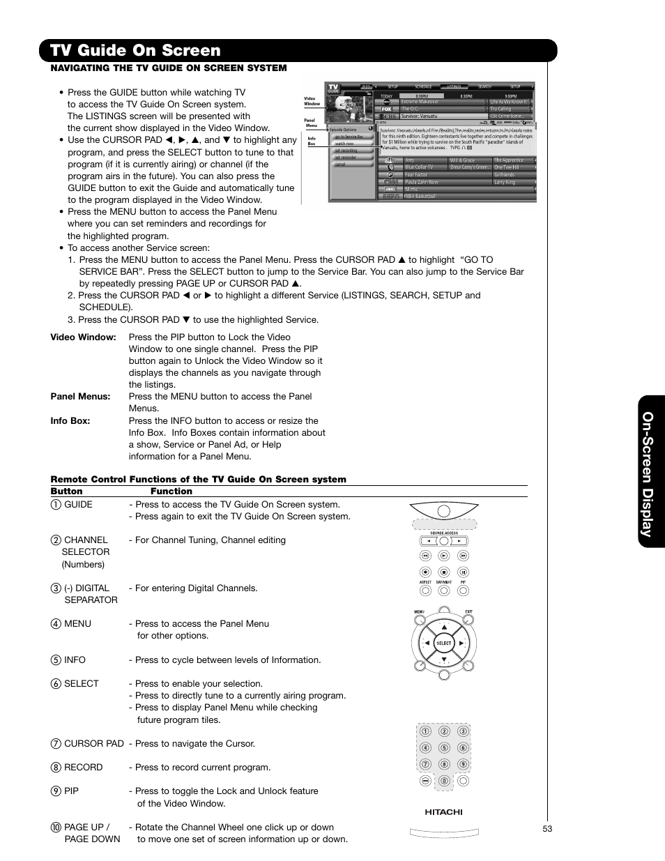 Tv guide on screen, On-scr een display | Hitachi 60VG825 User Manual | Page 53 / 64