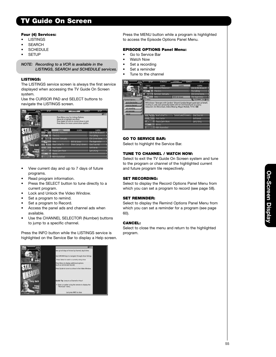 Tv guide on screen, On-scr een display | Hitachi 60VG825 User Manual | Page 55 / 64