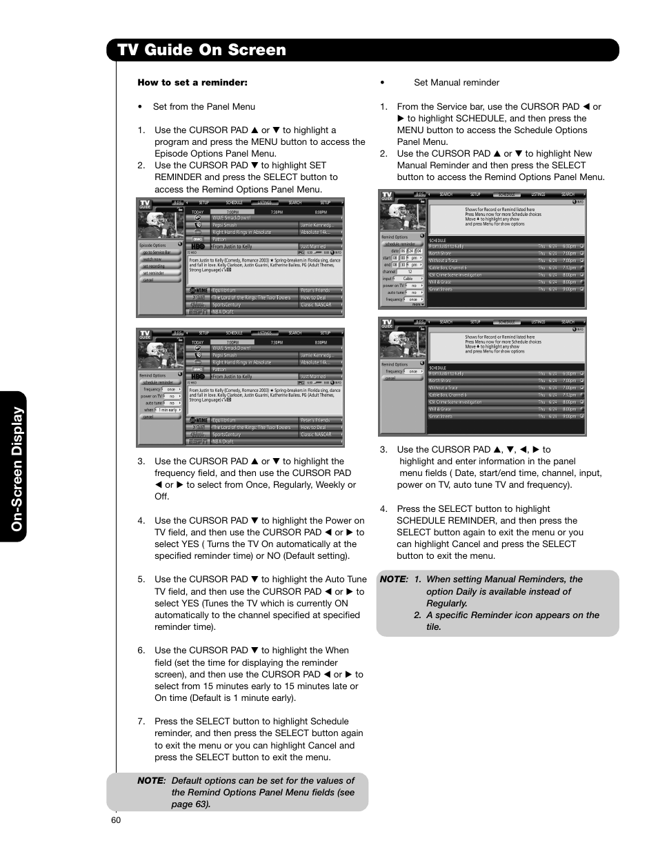 Tv guide on screen, On-scr een display | Hitachi 60VG825 User Manual | Page 60 / 64