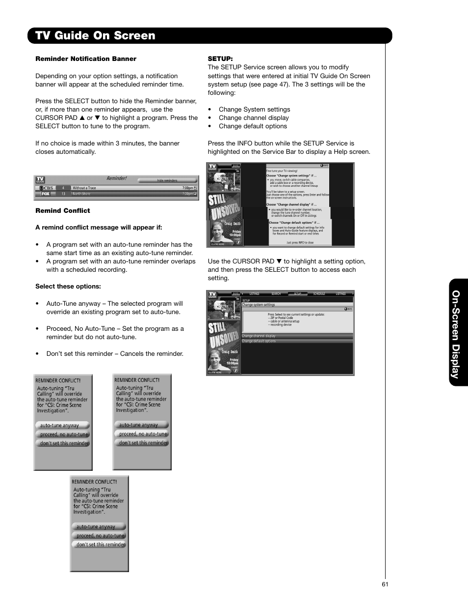 Tv guide on screen, On-scr een display | Hitachi 60VG825 User Manual | Page 61 / 64