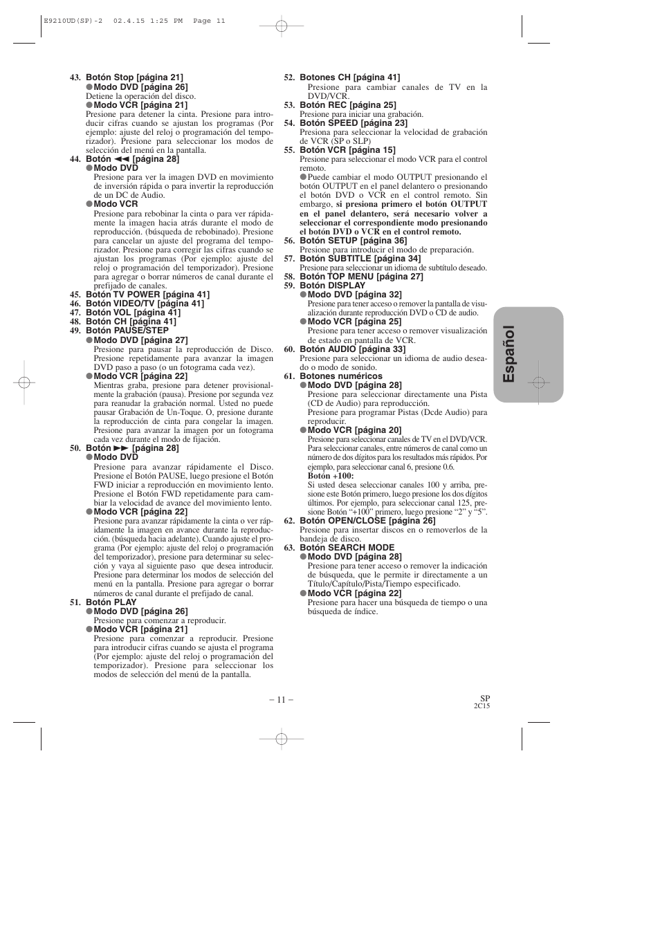 Espa ñ ol | Hitachi DV-PF2U User Manual | Page 103 / 140