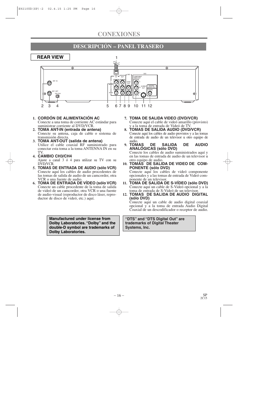 Conexiones, Descripción – panel trasero, Rear view | Hitachi DV-PF2U User Manual | Page 108 / 140