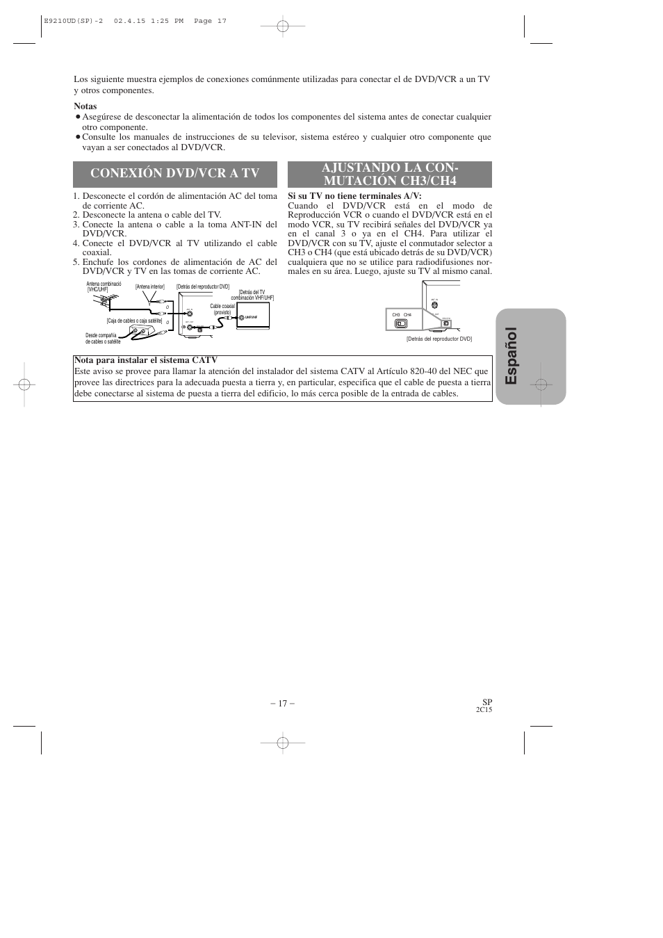 Espa ñ ol, Conexión dvd/vcr a tv, Ajustando la con- mutación ch3/ch4 | Hitachi DV-PF2U User Manual | Page 109 / 140