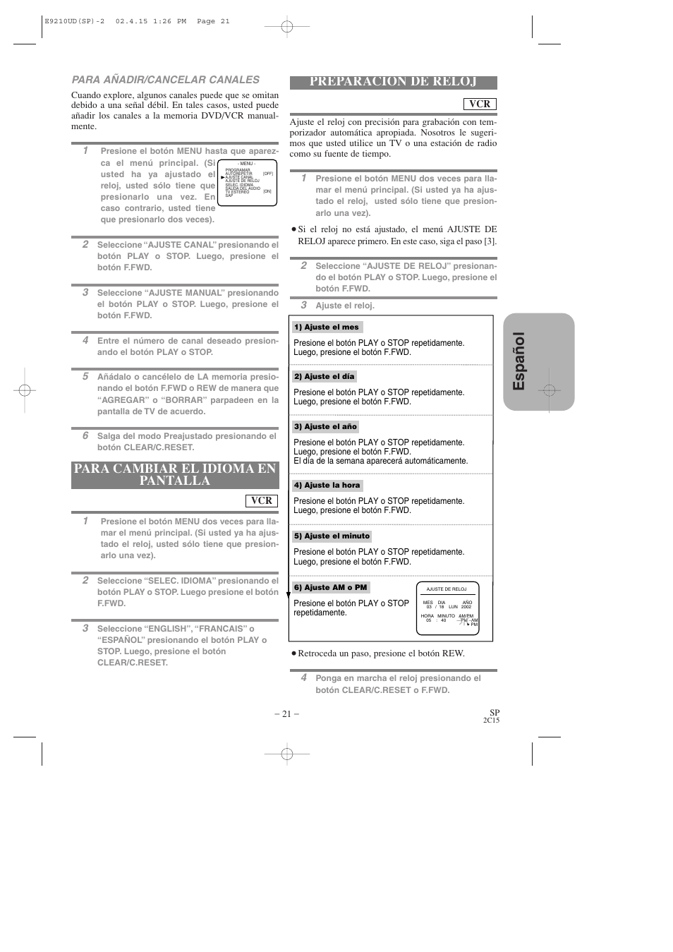 Espa ñ ol, Preparación de reloj, Para cambiar el idioma en pantalla | Hitachi DV-PF2U User Manual | Page 113 / 140