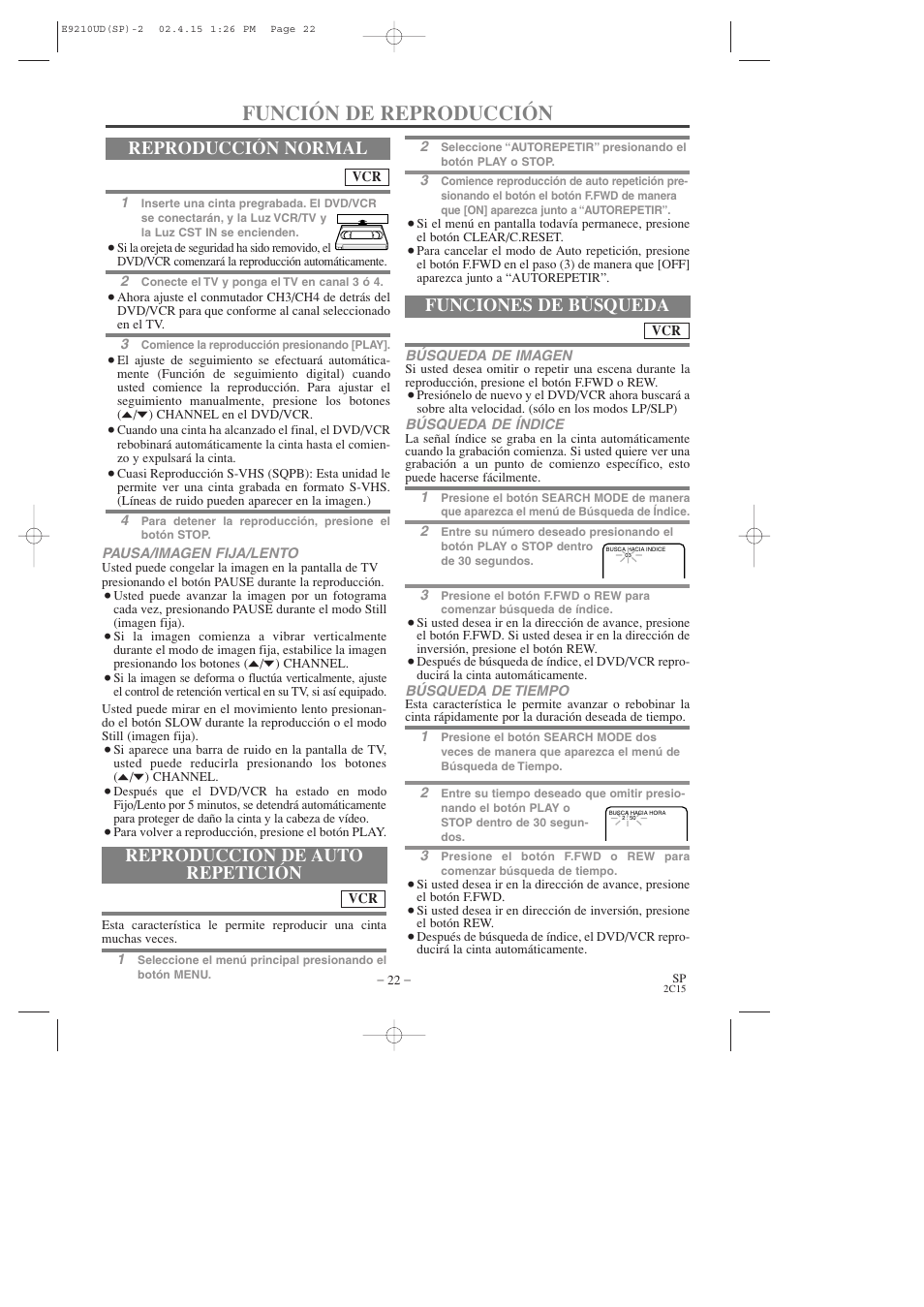 Función de reproducción, Reproducción normal, Reproducción de auto repetición | Funciones de búsqueda | Hitachi DV-PF2U User Manual | Page 114 / 140