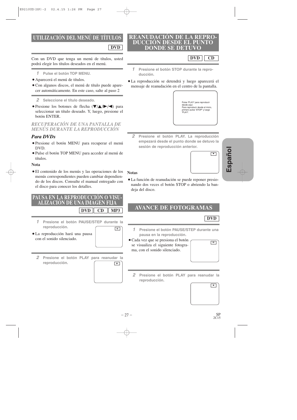 Espa ñ ol, Utilización del menú de títulos, Avance de fotogramas | Hitachi DV-PF2U User Manual | Page 119 / 140