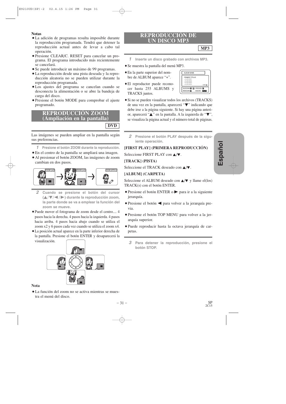 Espa ñ ol, Reproducción zoom (ampliación en la pantalla), Reproducción de un disco mp3 | Hitachi DV-PF2U User Manual | Page 123 / 140