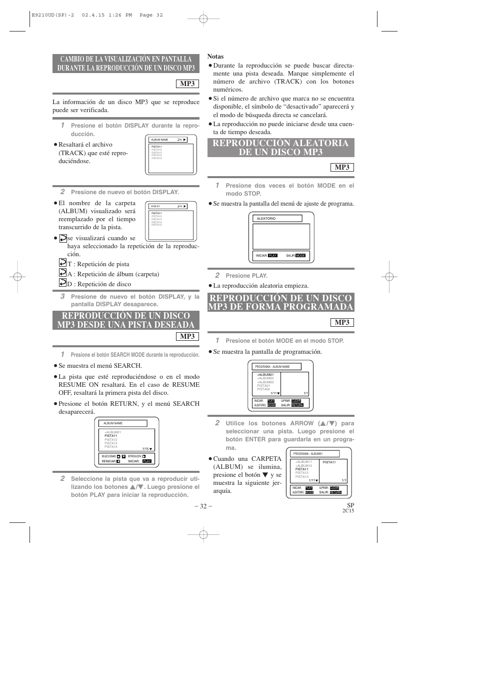Reproducción aleatoria de un disco mp3, Reproducción de un disco mp3 de forma programada | Hitachi DV-PF2U User Manual | Page 124 / 140