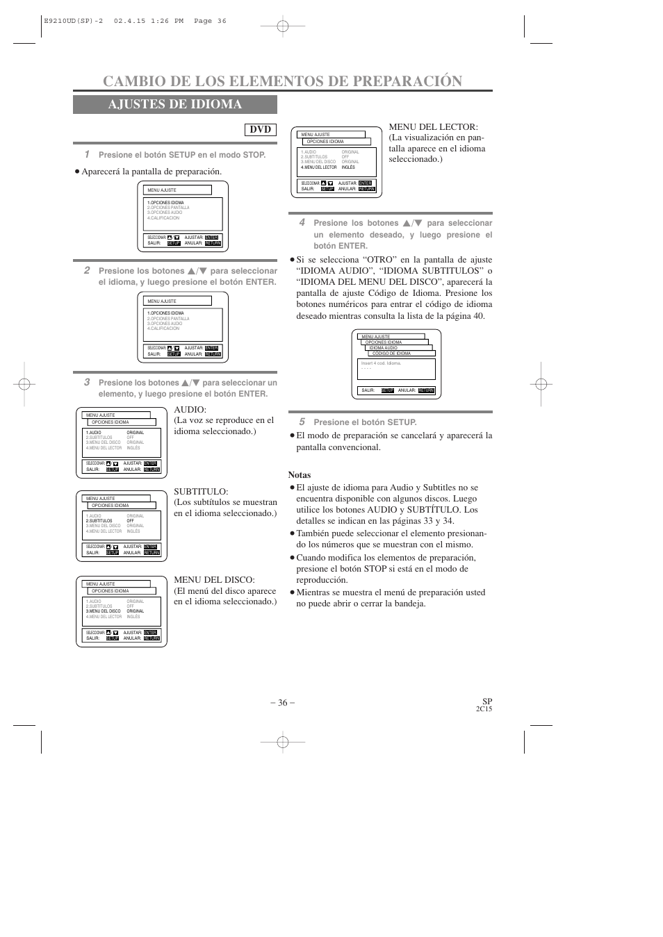 Cambio de los elementos de preparación, Ajustes de idioma, Aparecerá la pantalla de preparación | Presione los botones, Presione el botón setup en el modo stop, Presione el botón setup | Hitachi DV-PF2U User Manual | Page 128 / 140