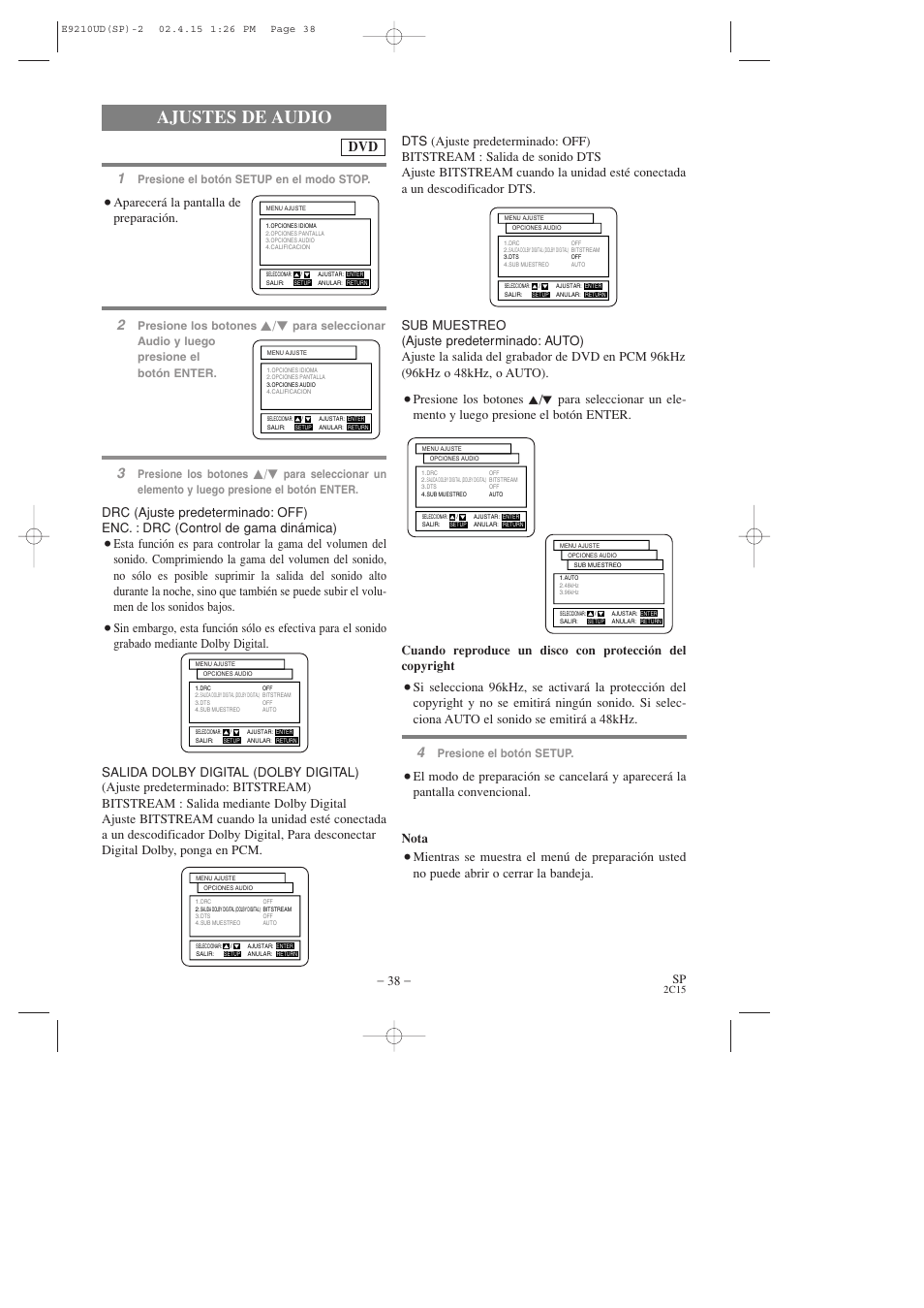 Ajustes de audio, Aparecerá la pantalla de preparación, Presione el botón setup en el modo stop | Presione los botones, Presione el botón setup | Hitachi DV-PF2U User Manual | Page 130 / 140