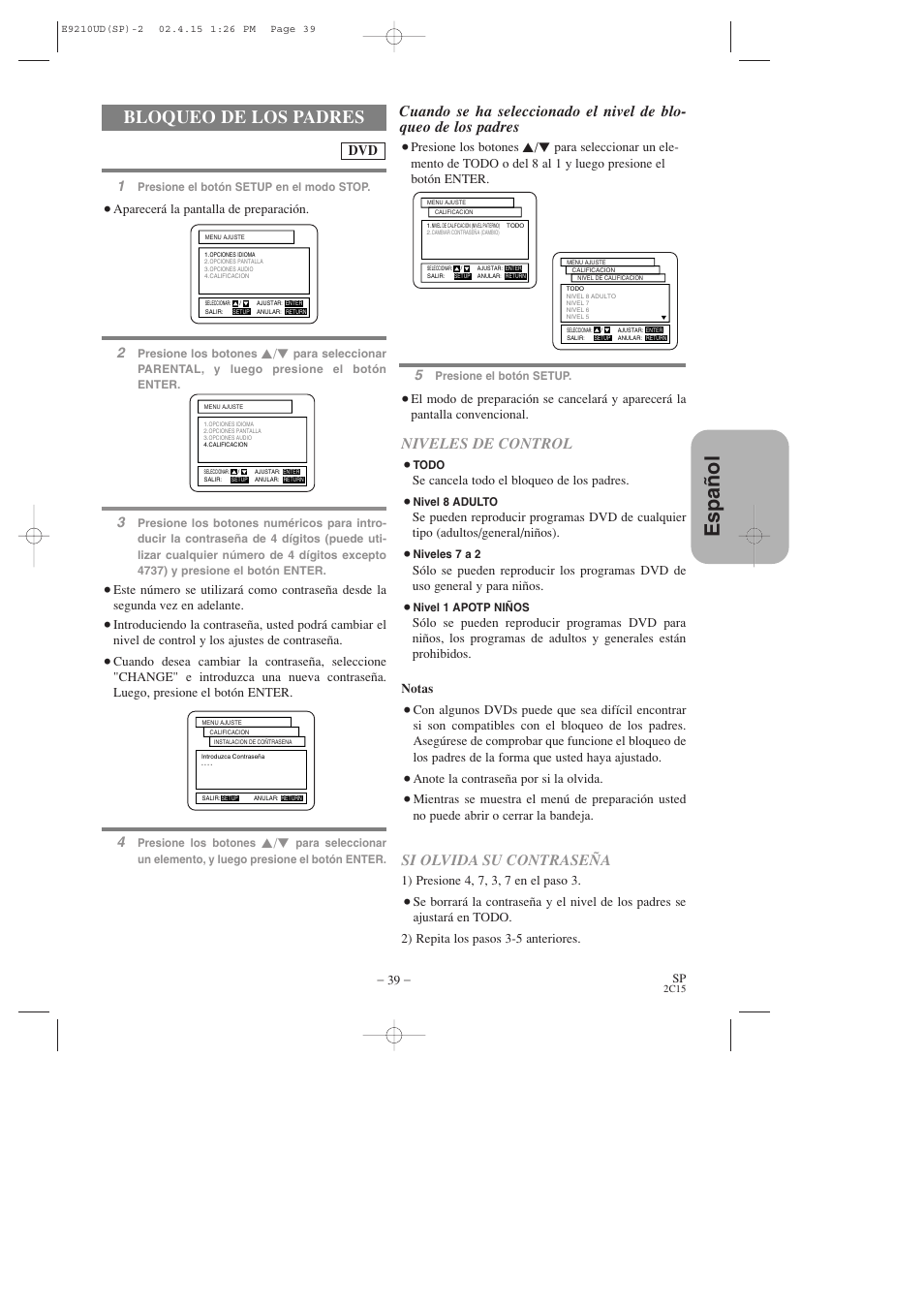Espa ñ ol, Bloqueo de los padres, Niveles de control | Si olvida su contraseña | Hitachi DV-PF2U User Manual | Page 131 / 140