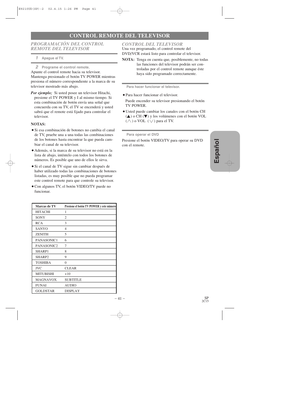 Espa ñ ol, Control remote del televisor | Hitachi DV-PF2U User Manual | Page 133 / 140