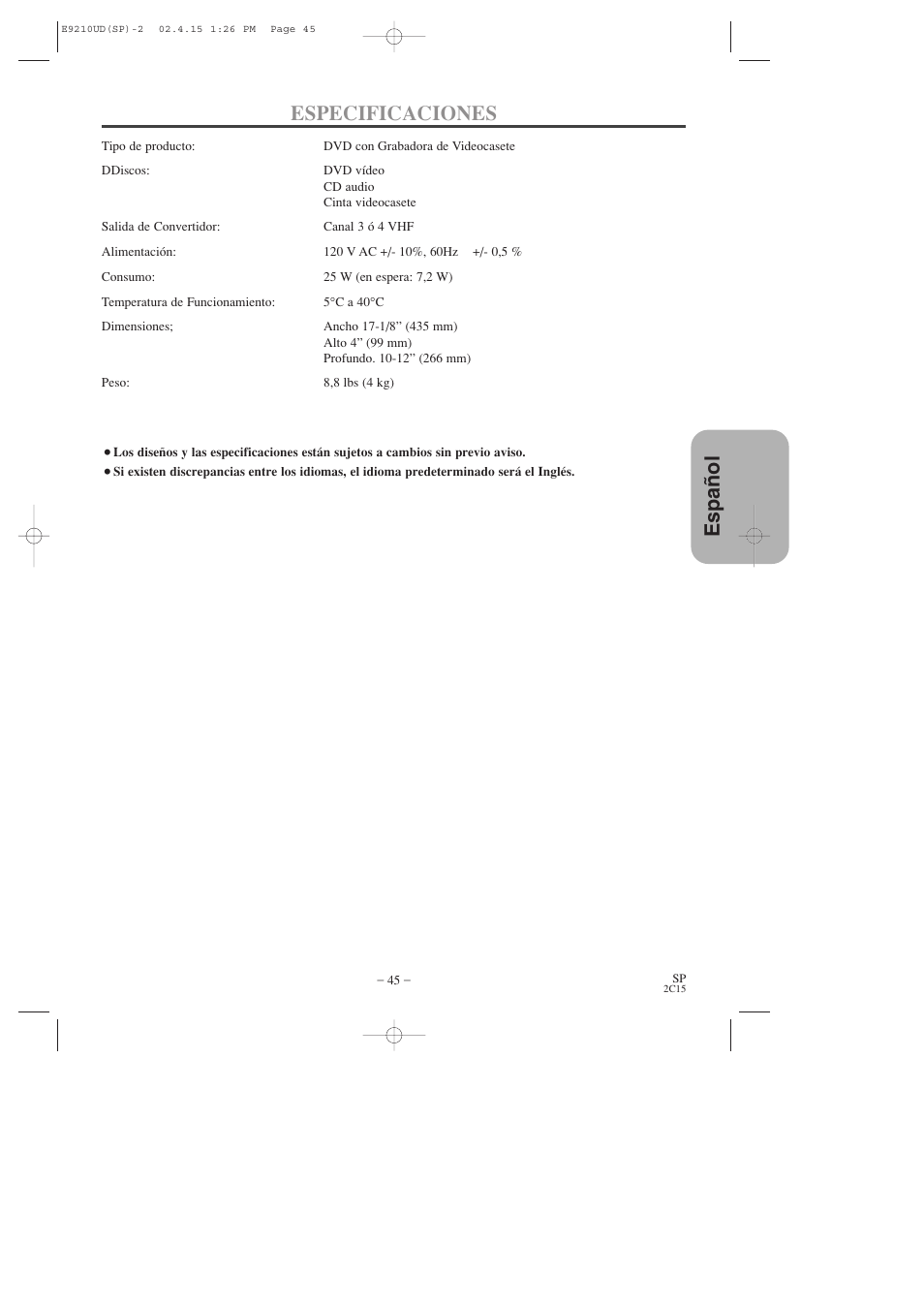 Espa ñ ol especificaciones | Hitachi DV-PF2U User Manual | Page 137 / 140