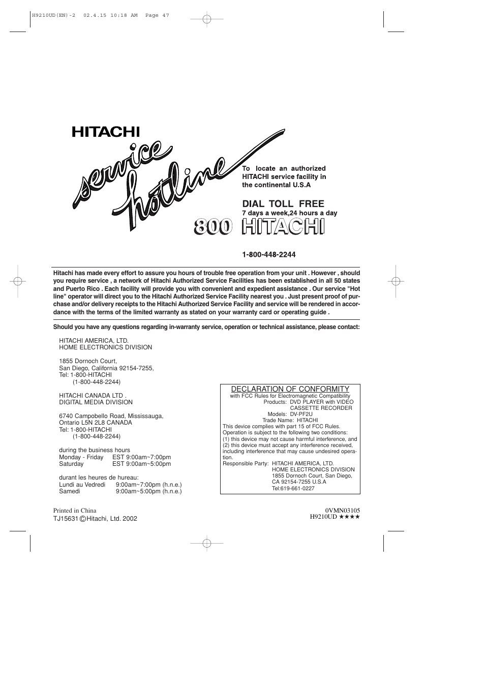 Hitachi DV-PF2U User Manual | Page 140 / 140