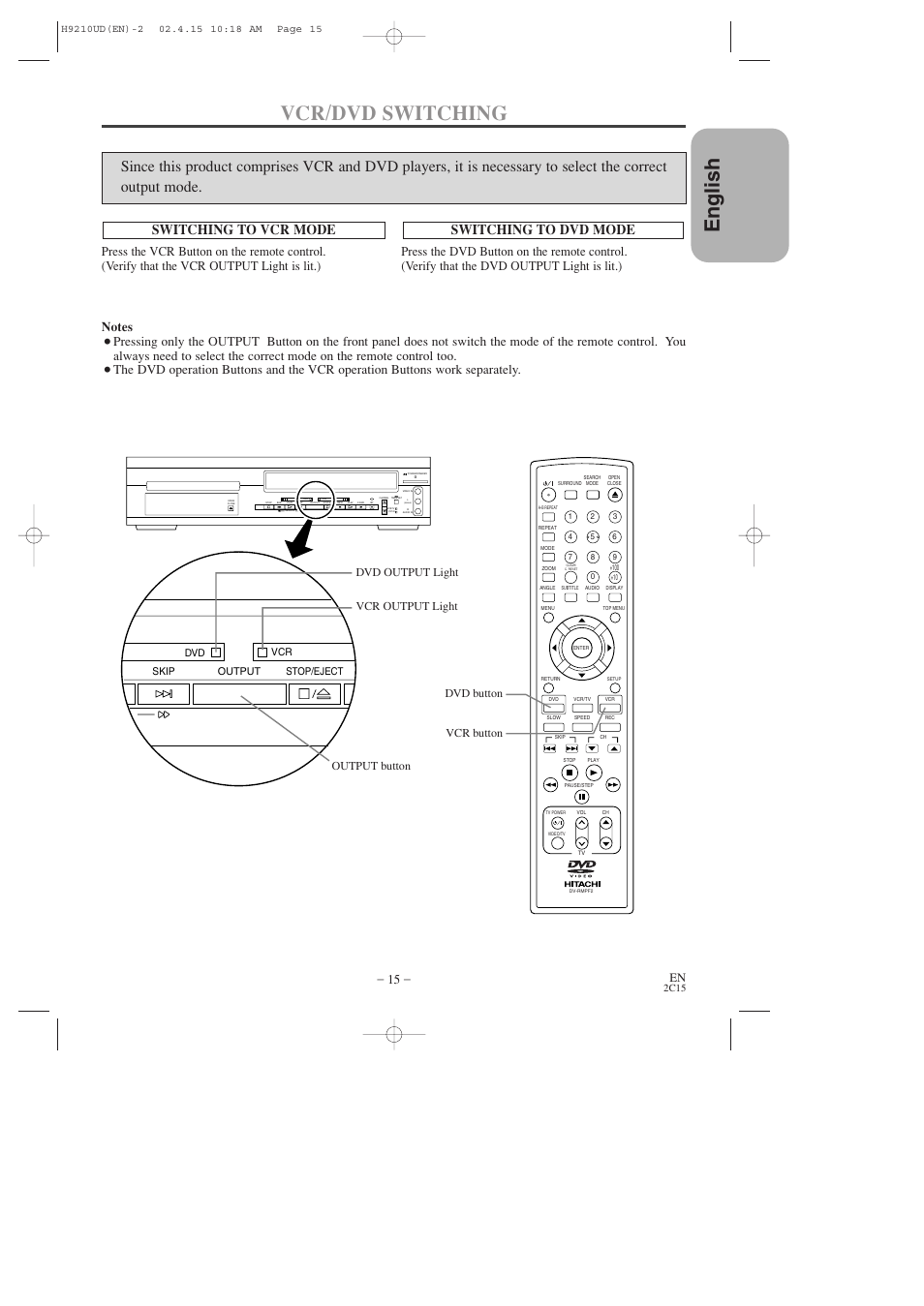 English vcr/dvd switching, Switching to vcr mode, Switching to dvd mode | Hitachi DV-PF2U User Manual | Page 15 / 140