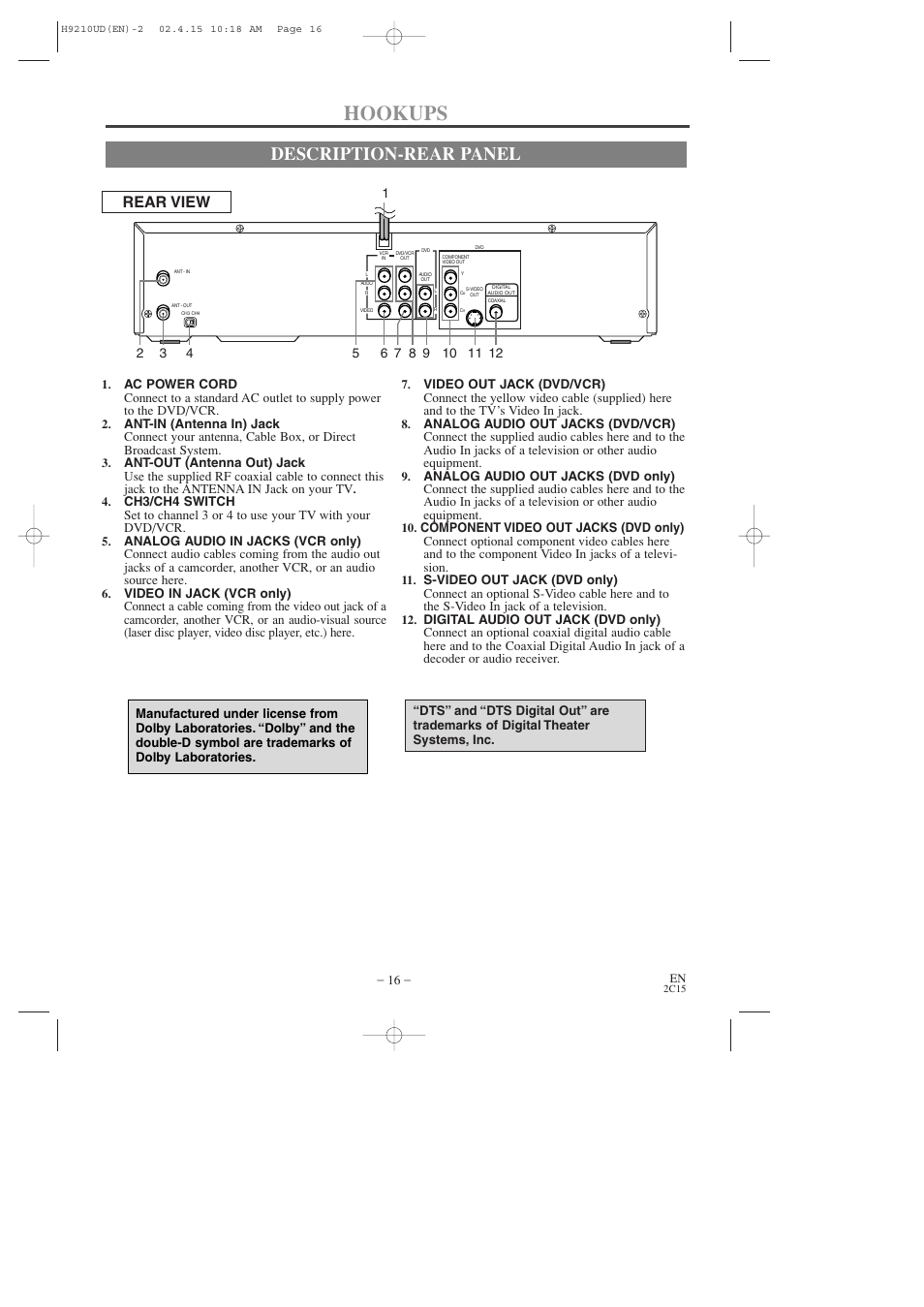 Hookups, Description-rear panel, Rear view | Hitachi DV-PF2U User Manual | Page 16 / 140