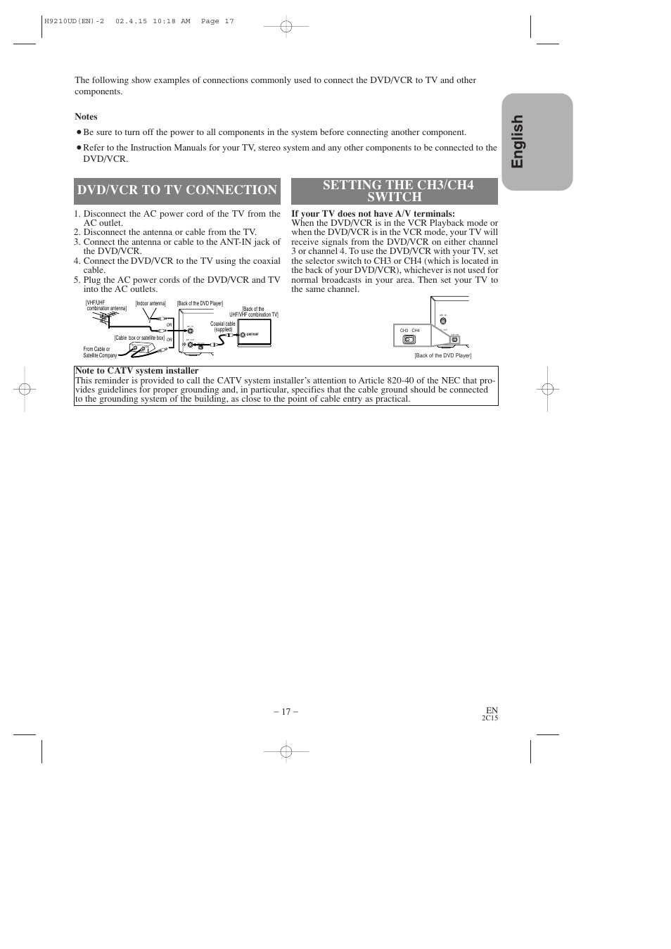 English, Dvd/vcr to tv connection, Setting the ch3/ch4 switch | Hitachi DV-PF2U User Manual | Page 17 / 140