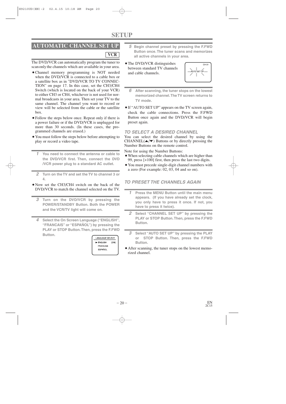 Setup, Automatic channel set up | Hitachi DV-PF2U User Manual | Page 20 / 140