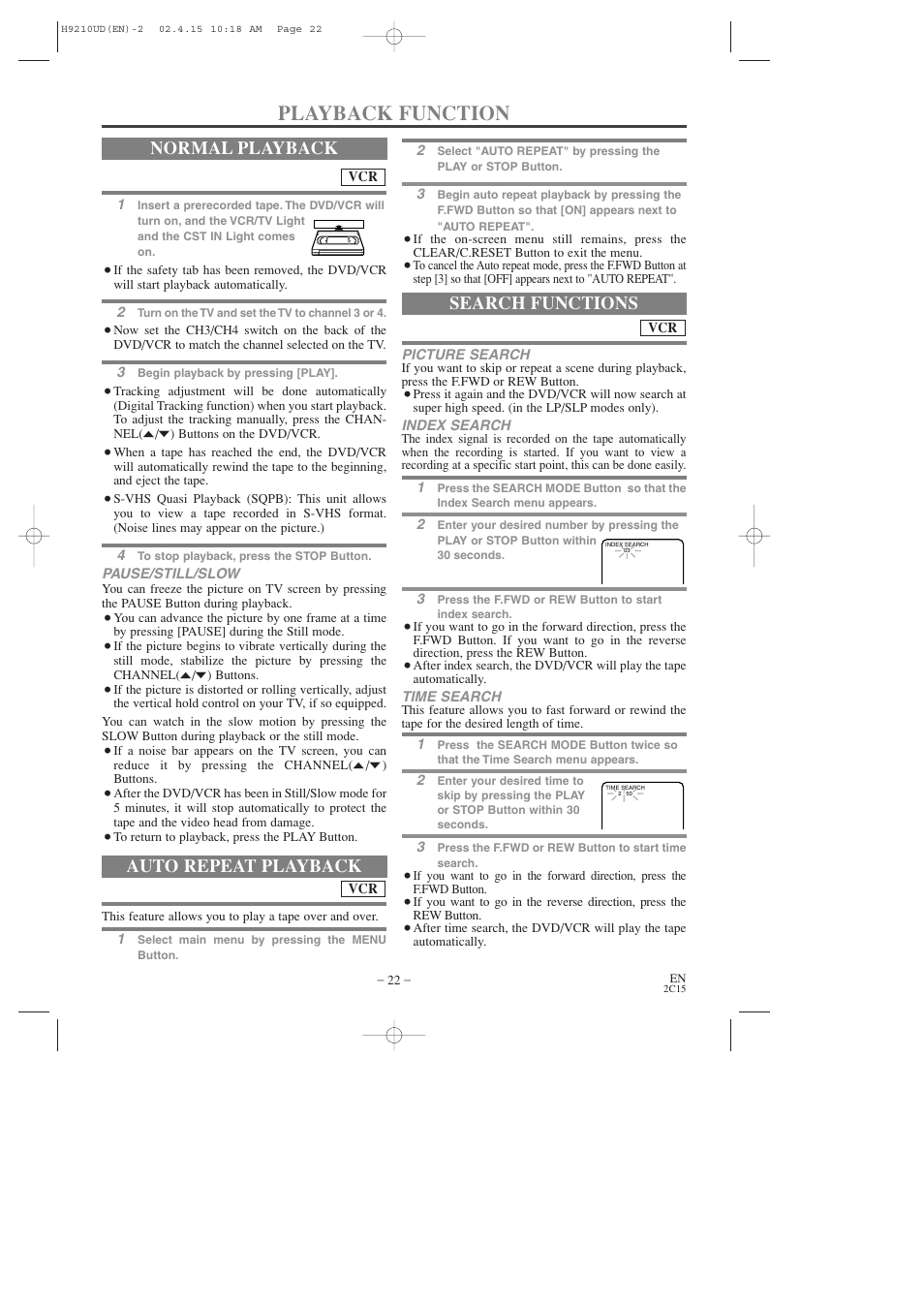 Playback function, Normal playback, Auto repeat playback | Search functions | Hitachi DV-PF2U User Manual | Page 22 / 140