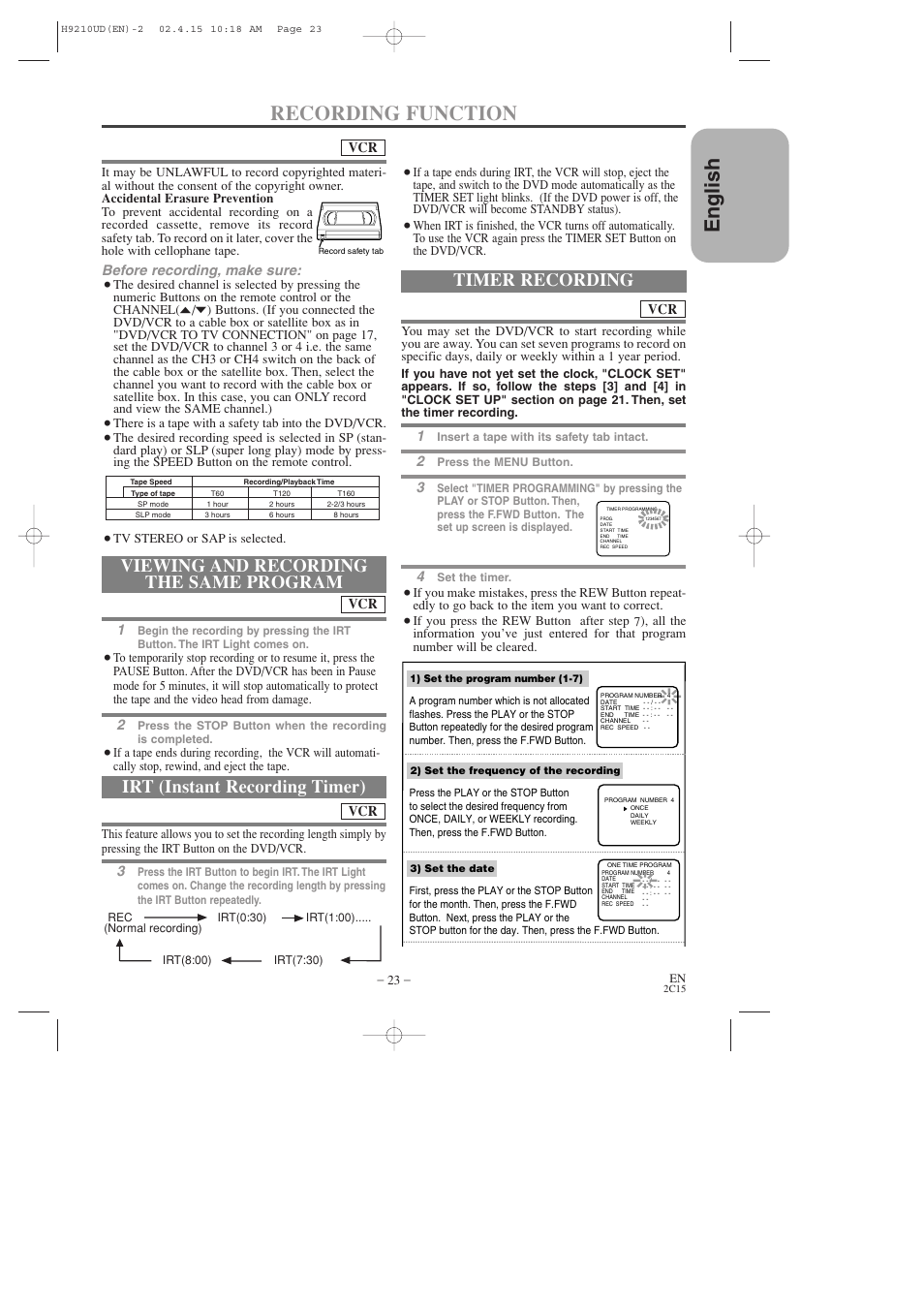English recording function, Irt (instant recording timer), Timer recording | Viewing and recording the same program | Hitachi DV-PF2U User Manual | Page 23 / 140