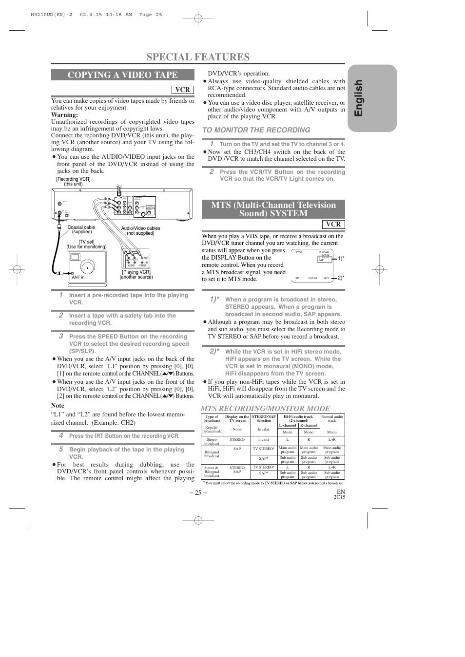 English, Special features, Copying a video tape | Mts (multi-channel television sound) system, Mts recording/monitor mode, Dvd/vcr’s operation | Hitachi DV-PF2U User Manual | Page 25 / 140