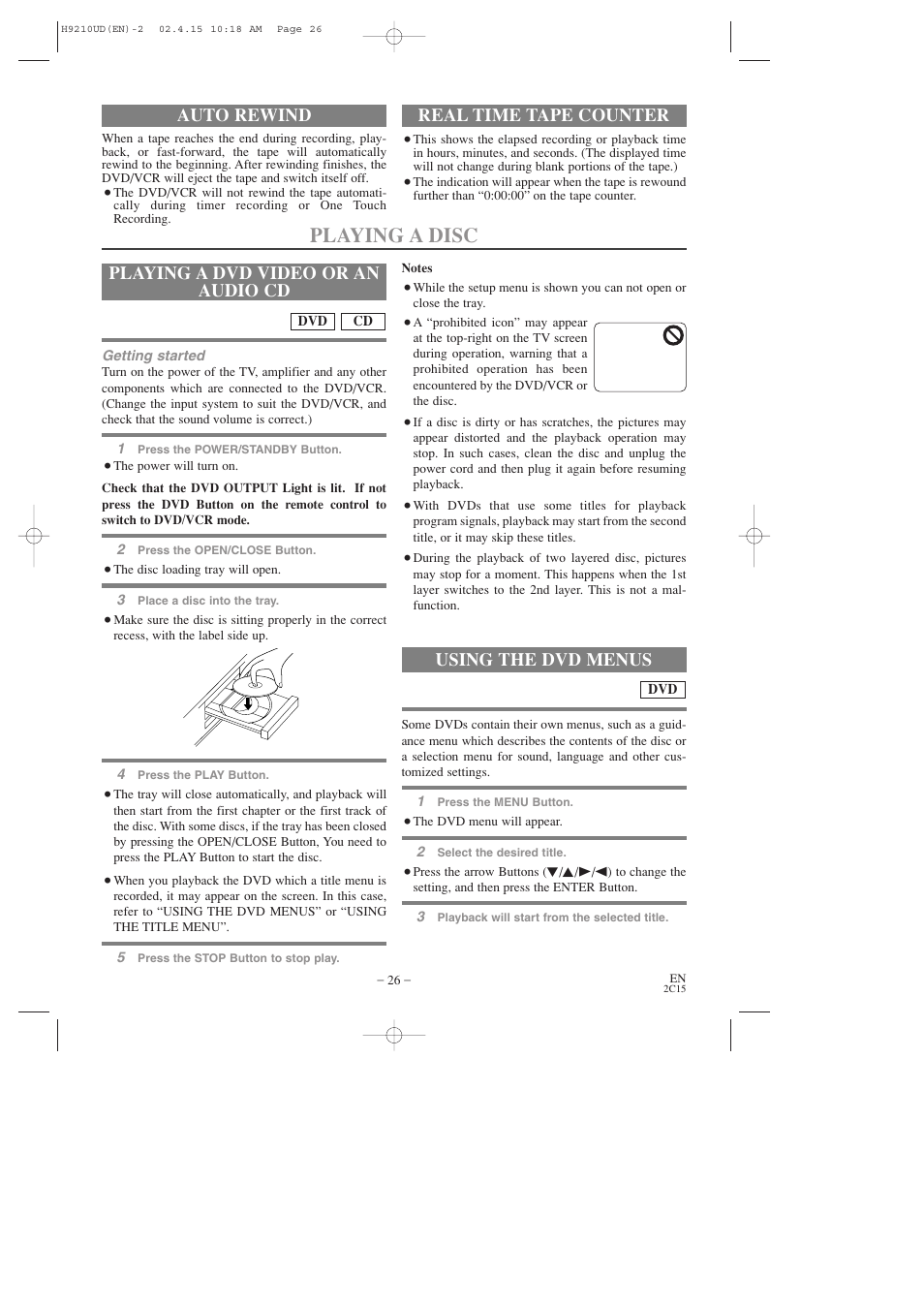 Playing a disc, Playing a dvd video or an audio cd, Using the dvd menus | Auto rewind, Real time tape counter | Hitachi DV-PF2U User Manual | Page 26 / 140