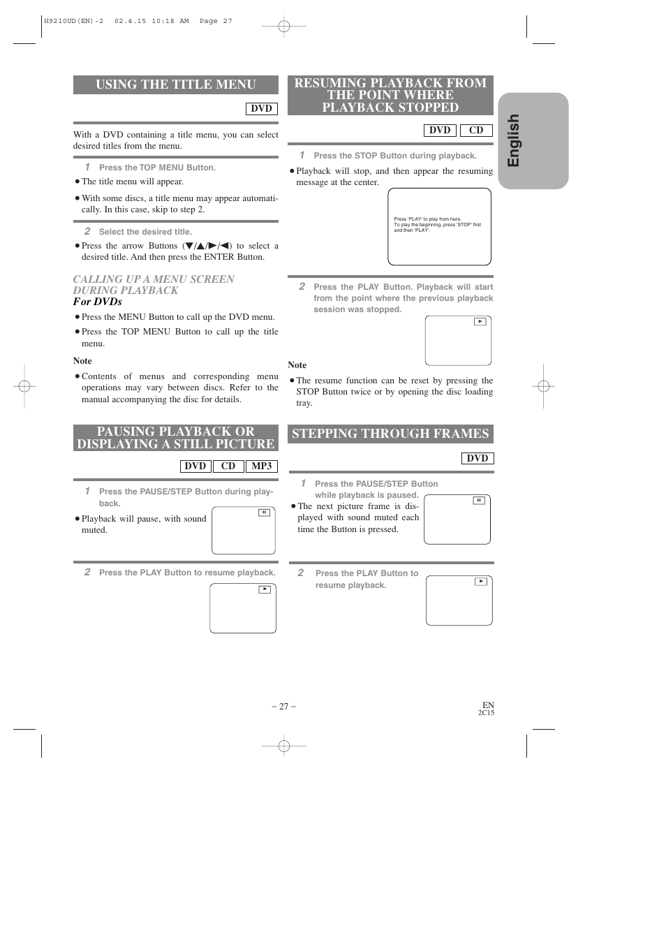 English, Using the title menu, Pausing playback or displaying a still picture | Stepping through frames | Hitachi DV-PF2U User Manual | Page 27 / 140