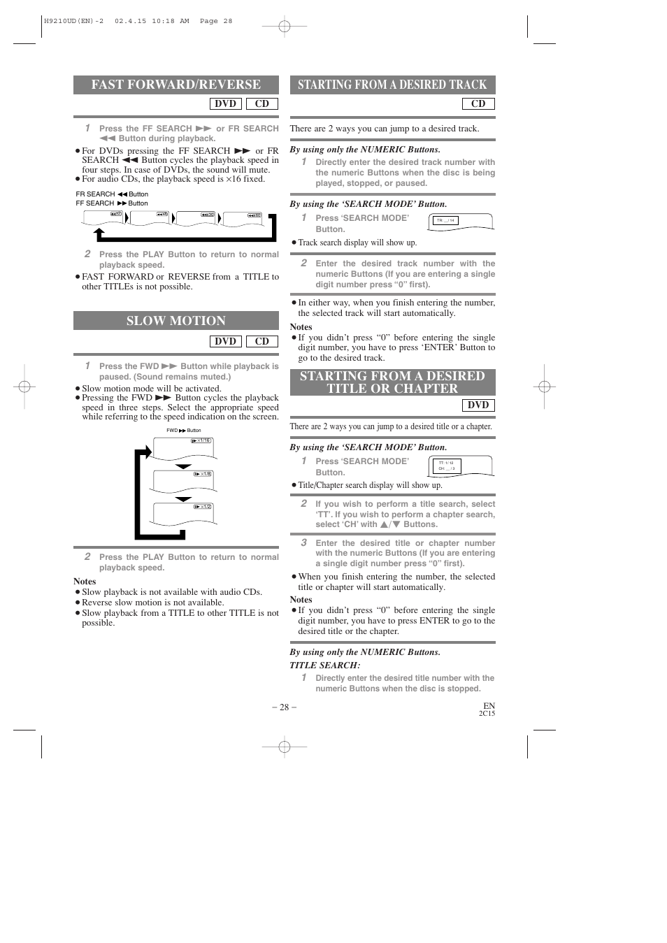 Fast forward/reverse, Starting from a desired track, Starting from a desired title or chapter | Slow motion | Hitachi DV-PF2U User Manual | Page 28 / 140
