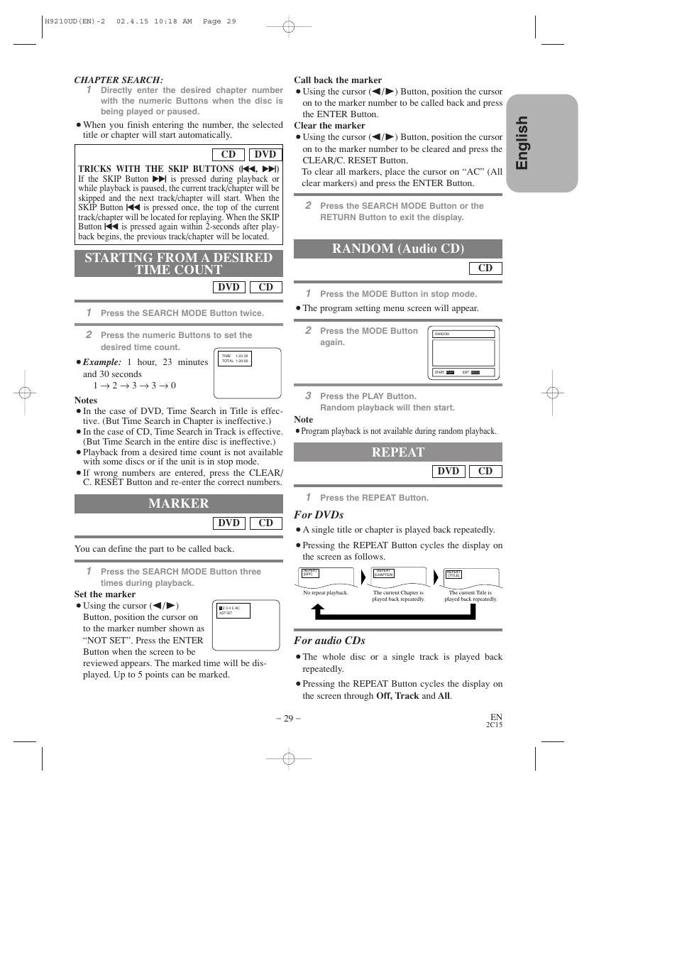 English, Starting from a desired time count, Marker | Random (audio cd), Repeat, For dvds, For audio cds | Hitachi DV-PF2U User Manual | Page 29 / 140