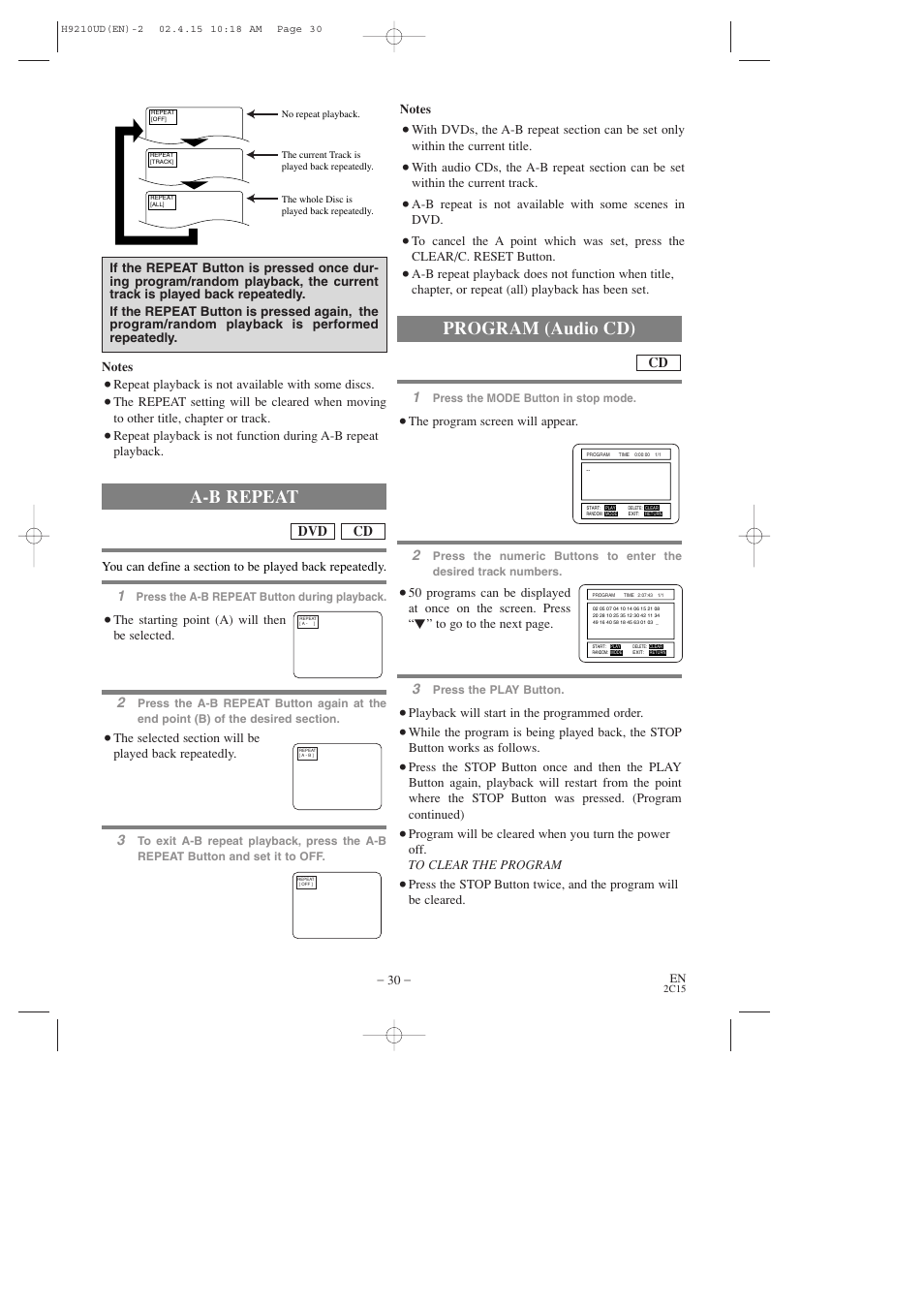 A-b repeat, Program (audio cd), Cd dvd | Hitachi DV-PF2U User Manual | Page 30 / 140