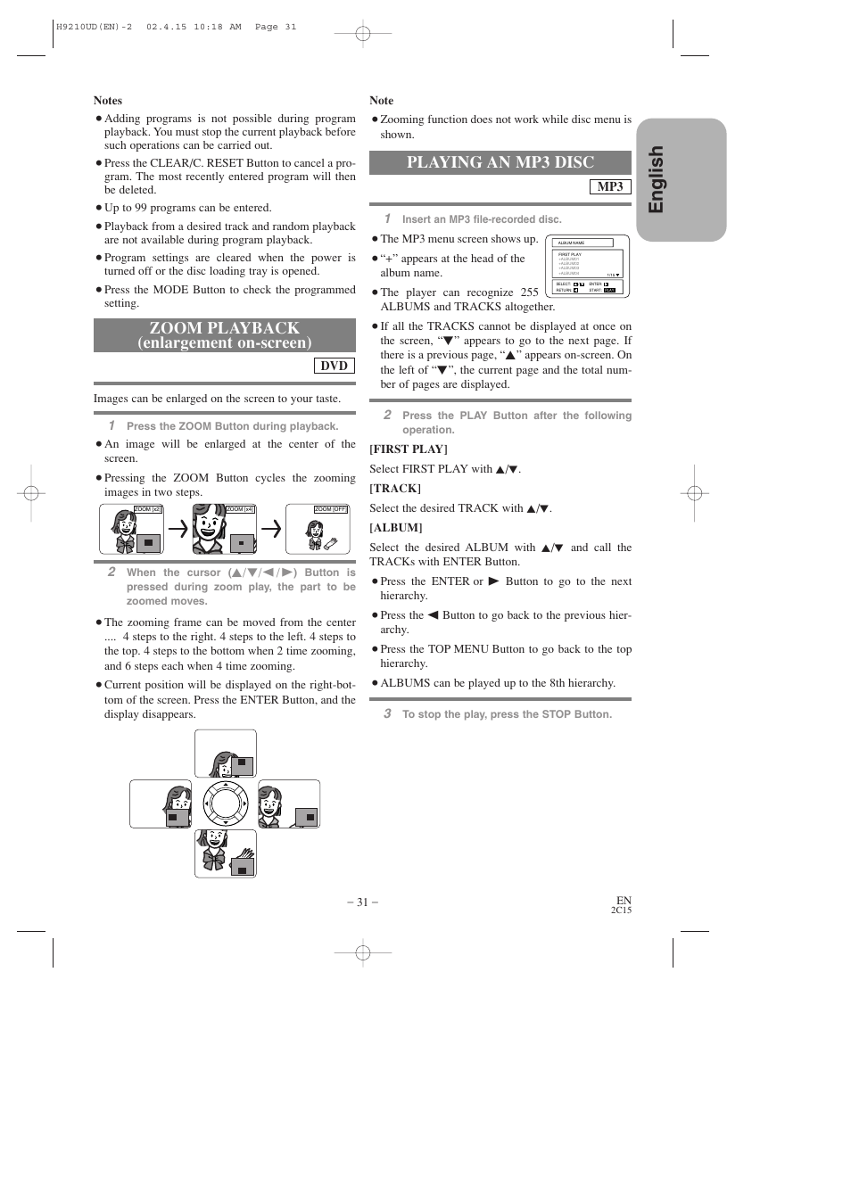 English, Zoom playback (enlargement on-screen), Playing an mp3 disc | Hitachi DV-PF2U User Manual | Page 31 / 140