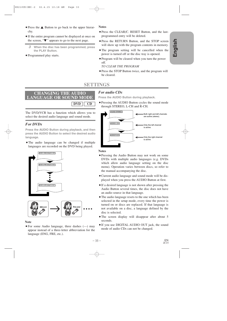 English, Settings, Changing the audio language or sound mode | For dvds, For audio cds | Hitachi DV-PF2U User Manual | Page 33 / 140